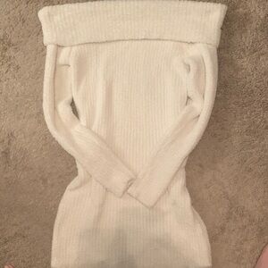 Off-Shoulder Cream Rib-Knit Sweater Dress